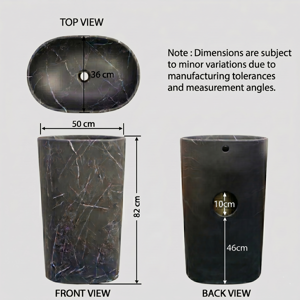 Bassino Black Marble Effect Pedestal Basin – Luxury Freestanding Oval Wash Basin (19.7" x 14.2" x 32.3")