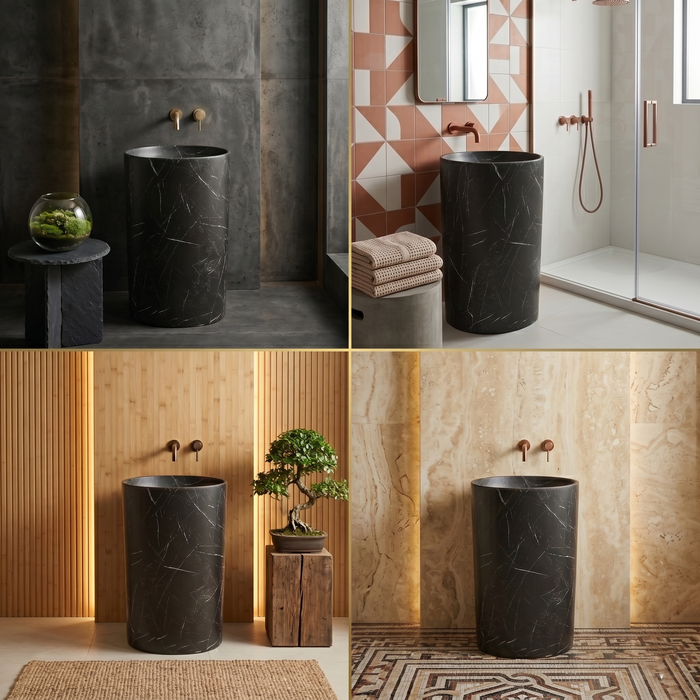 Bassino Black Marble Effect Pedestal Basin
