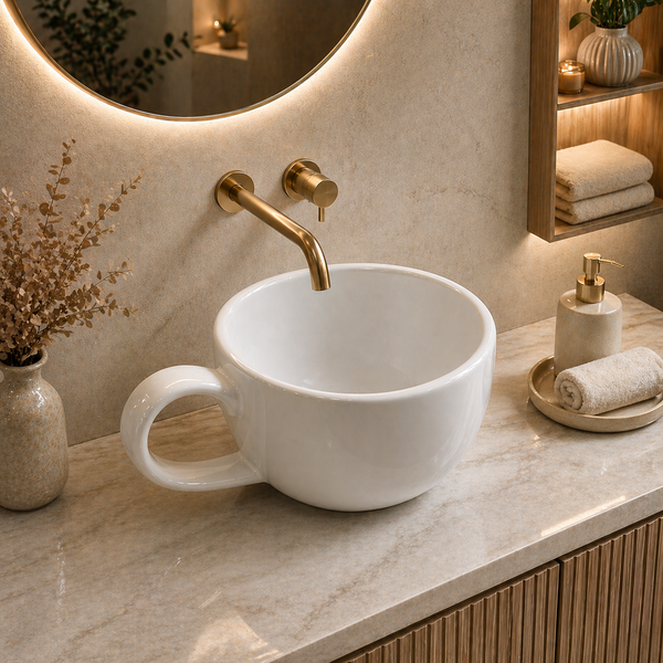 Bassino Cup-Shaped Countertop Wash Basin – Modern Ceramic Vessel Sink with Handle (16" x 12" x 7")