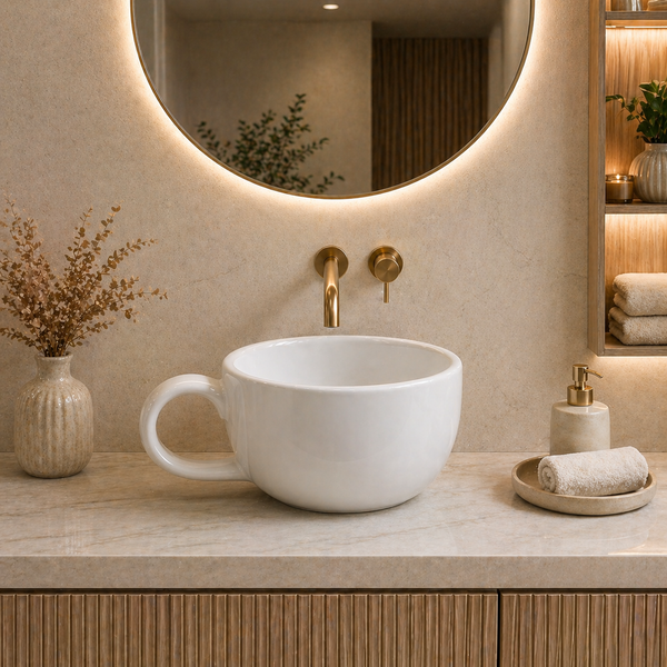 Bassino Cup-Shaped Countertop Wash Basin – Modern Ceramic Vessel Sink with Handle (16" x 12" x 7")
