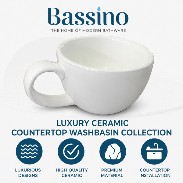 Bassino Cup-Shaped Countertop Wash Basin – Modern Ceramic Vessel Sink with Handle (16" x 12" x 7")