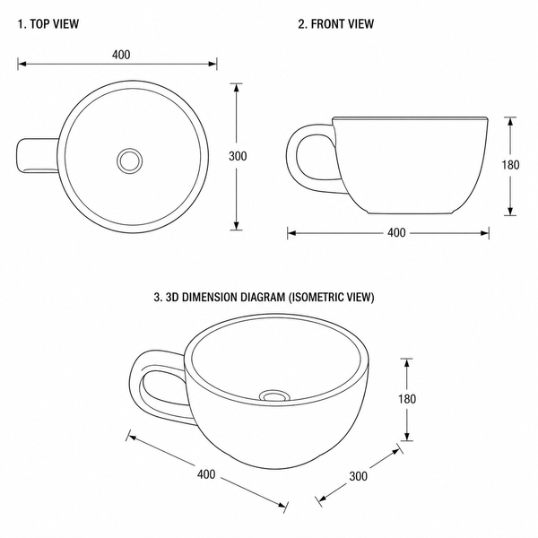 Bassino Cup-Shaped Countertop Wash Basin – Modern Ceramic Vessel Sink with Handle (16" x 12" x 7")