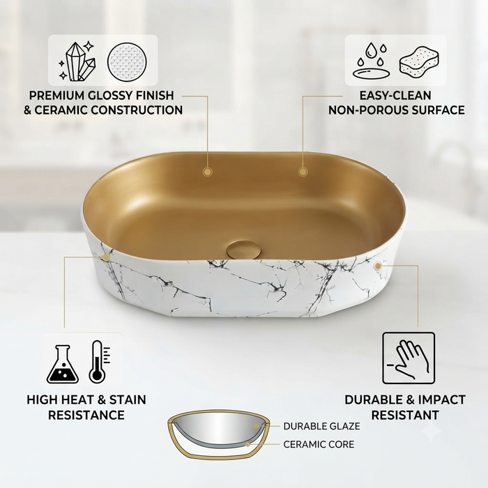 Bassino Designer Table Top Wash Basin 22 × 13 × 5.5 Inches | Dual Color Imported Basin