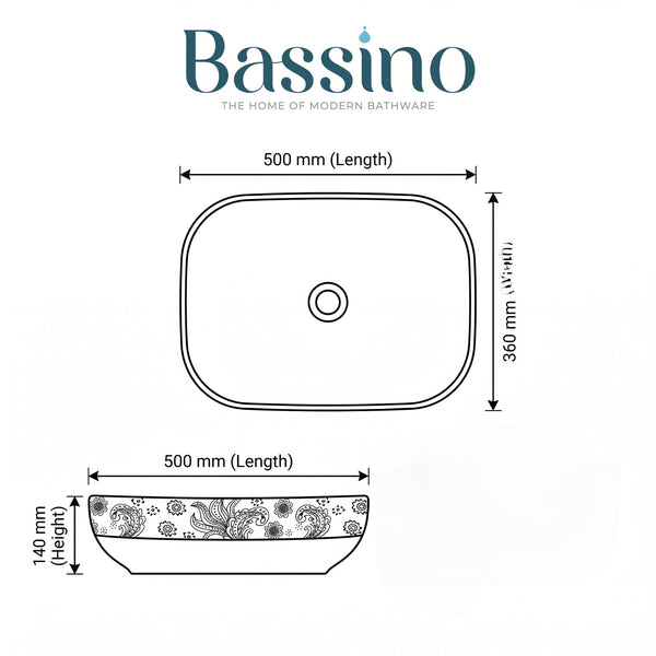 Bassino Designer Countertop Wash Basin – Luxury White & Gold Ceramic Vessel Sink (19.7" x 14.2" x 5.5")