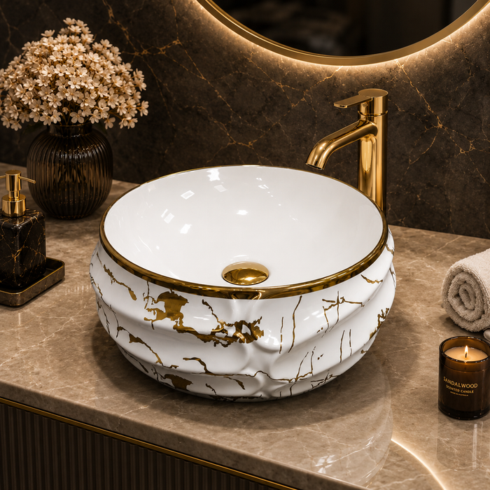 Bassino Luxury White & Gold Marble Countertop Wash Basin 