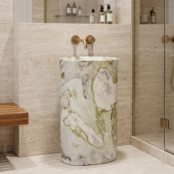 Bassino Marble Effect Pedestal Basin – Luxury Freestanding Stone Wash Basin (22.4" x 14.6" x 34.3")