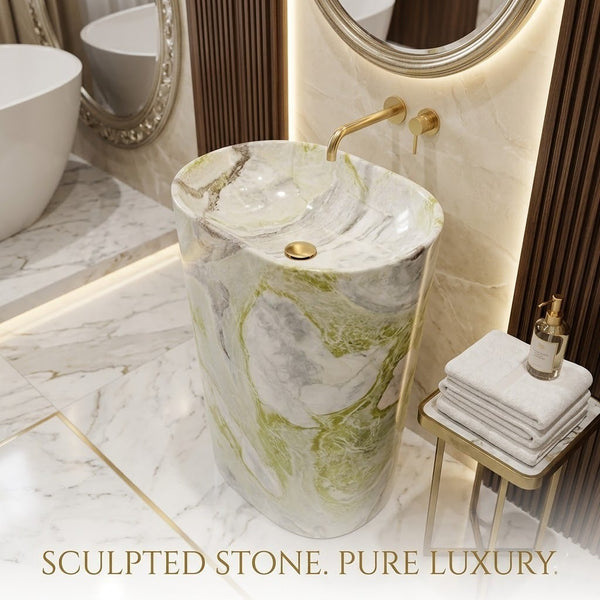 Bassino Marble Effect Pedestal Basin – Luxury Freestanding Stone Wash Basin (22.4" x 14.6" x 34.3")