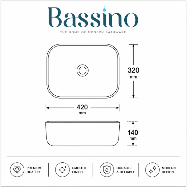 Bassino Matte Black Countertop Wash Basin – Modern Rectangular Ceramic Vessel Sink (16.5" x 12.6" x 5.5")