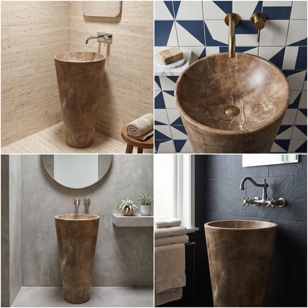 Bassino Round Pedestal Basin – Luxury Marble Finish Freestanding Wash Basin