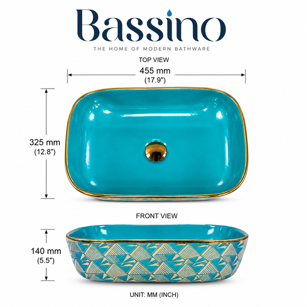 Turquoise Blue Ceramic Table Top Wash Basin – Glossy Finish | 18 x 13 x 5.5 Inch Designer Countertop Basin with Gold Geometric Pattern