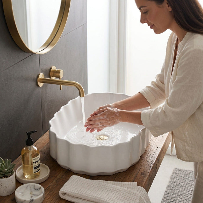 Bassino White Fluted Oval Countertop Wash Basin 