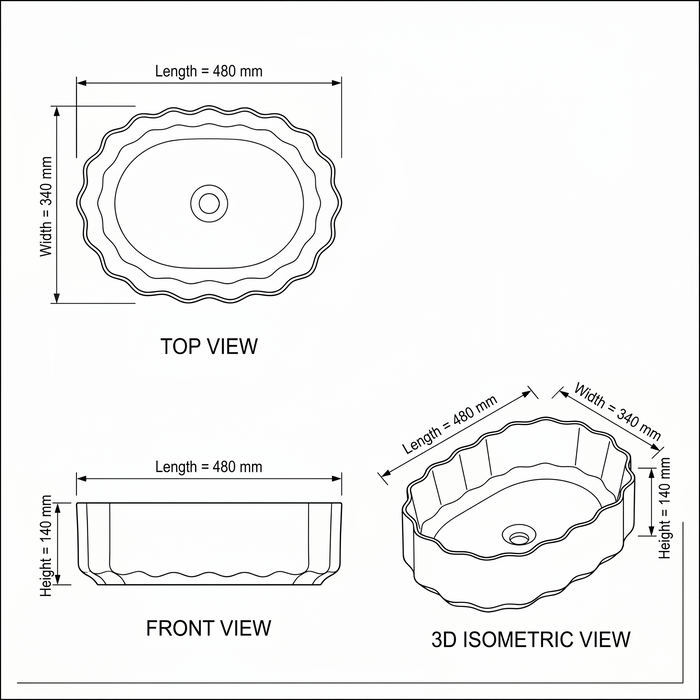 Bassino White Fluted Oval Countertop Wash Basin 