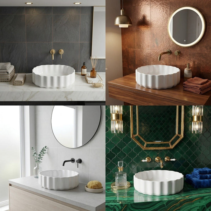 Bassino White Fluted Oval Countertop Wash Basin 