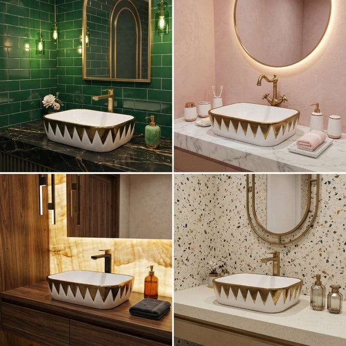 Bassino White & Gold Geometric Countertop Wash Basin