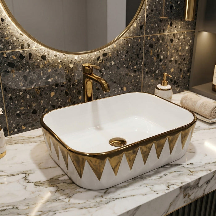 Bassino White & Gold Geometric Countertop Wash Basin