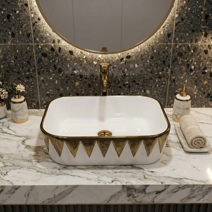 Bassino White & Gold Geometric Countertop Wash Basin