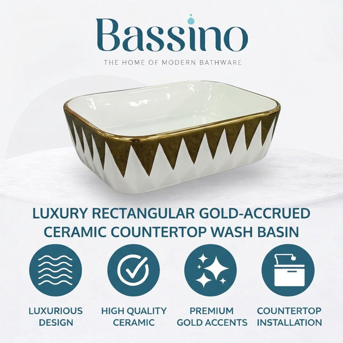 Bassino White & Gold Geometric Countertop Wash Basin