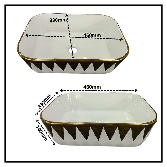 Bassino White & Gold Geometric Countertop Wash Basin