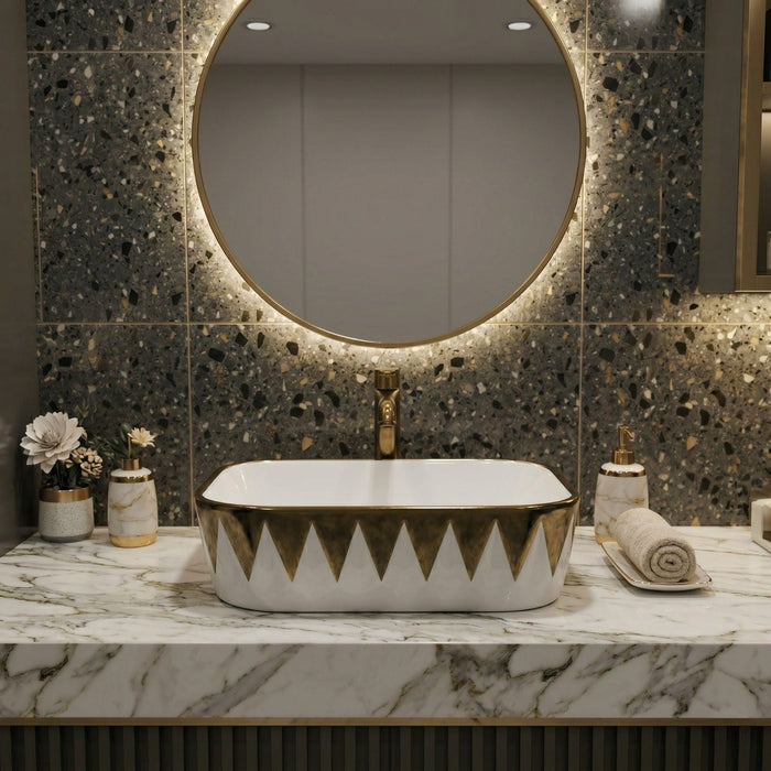 Bassino White & Gold Geometric Countertop Wash Basin