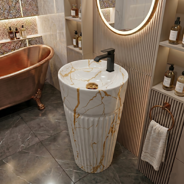 Bassino White & Gold Marble Effect Pedestal Basin – Luxury Freestanding Wash Basin (17.3" x 33.1")