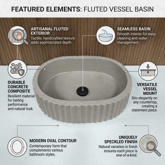 Bassino beige fluted table top wash basin 485 × 355 × 135 mm with textured ribbed design for modern luxury bathroom countertops.