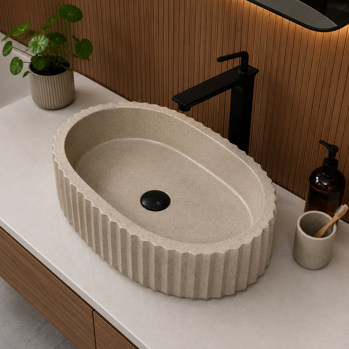 Bassino beige fluted table top wash basin 485 × 355 × 135 mm with textured ribbed design for modern luxury bathroom countertops.
