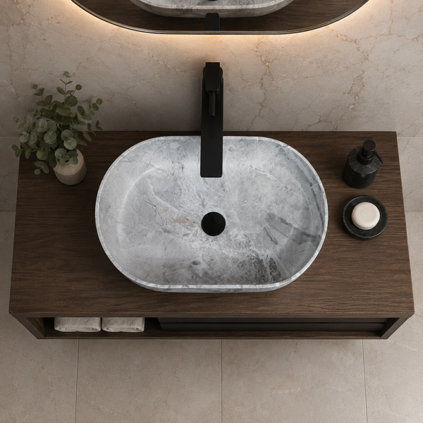 Grey Marble Designer Artificial Stone Table Top Wash Basin – 22 × 14 × 6.7 Inch | Modern Countertop Basin