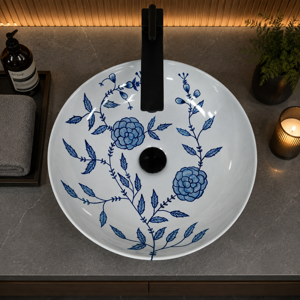 Handmade Ceramic Table Top Wash Basin – 16 × 16 × 4.7 Inch | Blue Floral Glossy Designer Basin