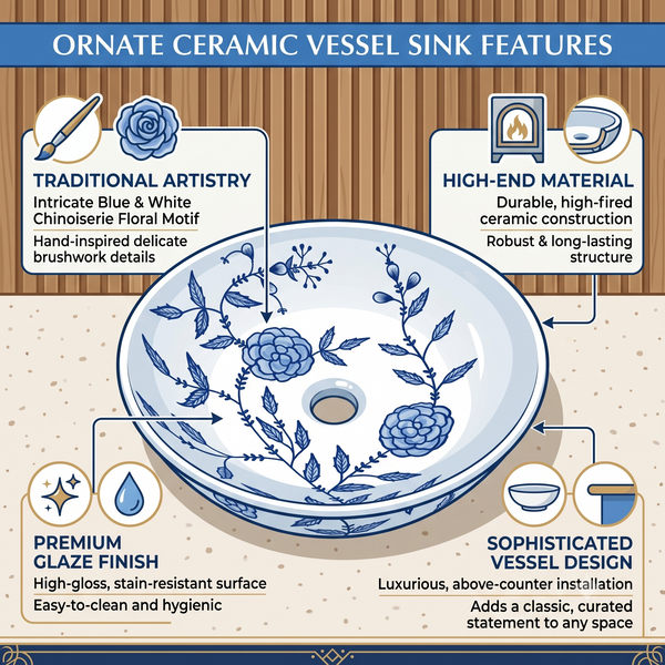 Handmade Ceramic Table Top Wash Basin – 16 × 16 × 4.7 Inch | Blue Floral Glossy Designer Basin