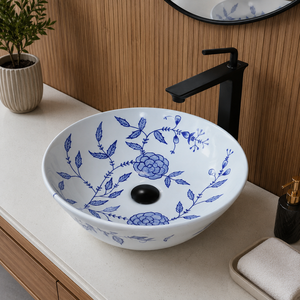 Handmade Ceramic Table Top Wash Basin – 16 × 16 × 4.7 Inch | Blue Floral Glossy Designer Basin