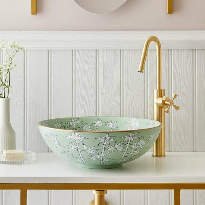 Designer Round Ceramic Wash Basin (Green with Golden Edge & Bamboo Art Design-  16 x 16 x 5 In- AB605)