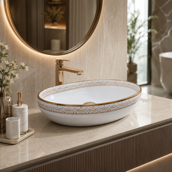 Premium Ceramic Designer Table Top Wash Basin, Refined Finish (20 × 14.5 × 5.5 In) GOLD-1