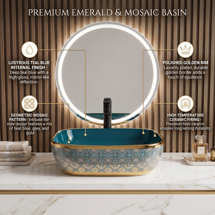 Bassino teal blue and gold ceramic table top wash basin 18x13x5 inch glossy designer countertop basin for modern luxury bathroom.
