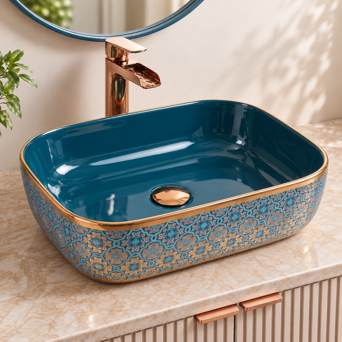Bassino teal blue and gold ceramic table top wash basin 18x13x5 inch glossy designer countertop basin for modern luxury bathroom.