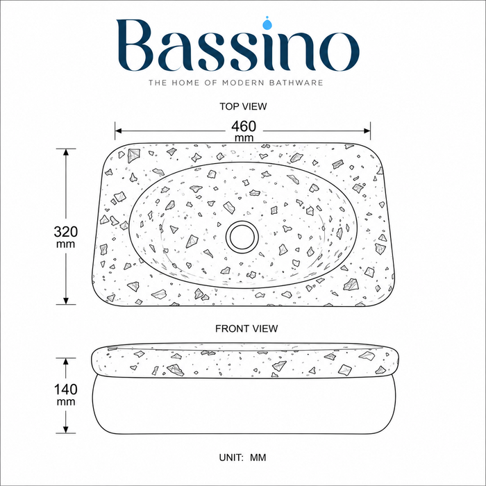 Bassino terrazzo design table top wash basin 460x320x140 mm with glossy white multicolor stone pattern and grey base for modern bathroom countertop.