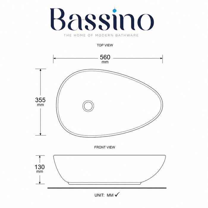 Bassino white marble pattern table top wash basin 560 × 355 × 130 mm with asymmetrical oval design for modern luxury bathroom countertops.