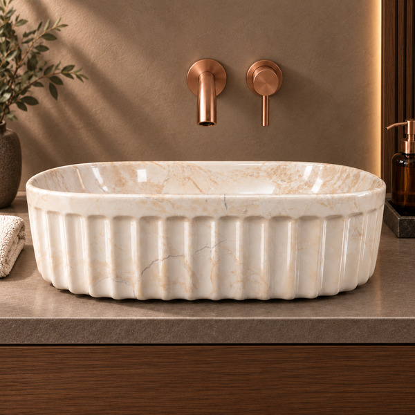 Beige Marble Ceramic Table Top Wash Basin – 22 × 14 × 6 Inch | Glossy Designer Countertop Basin