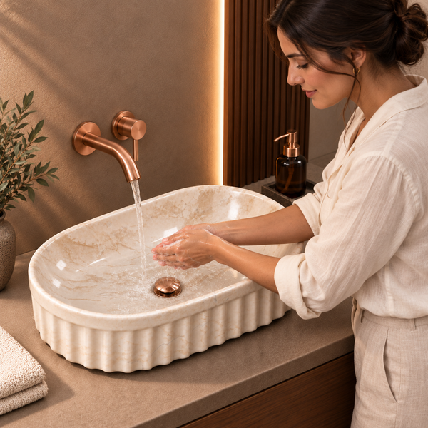 Beige Marble Ceramic Table Top Wash Basin – 22 × 14 × 6 Inch | Glossy Designer Countertop Basin