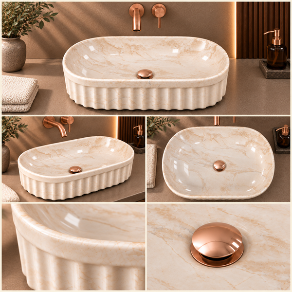 Beige Marble Ceramic Table Top Wash Basin – 22 × 14 × 6 Inch | Glossy Designer Countertop Basin