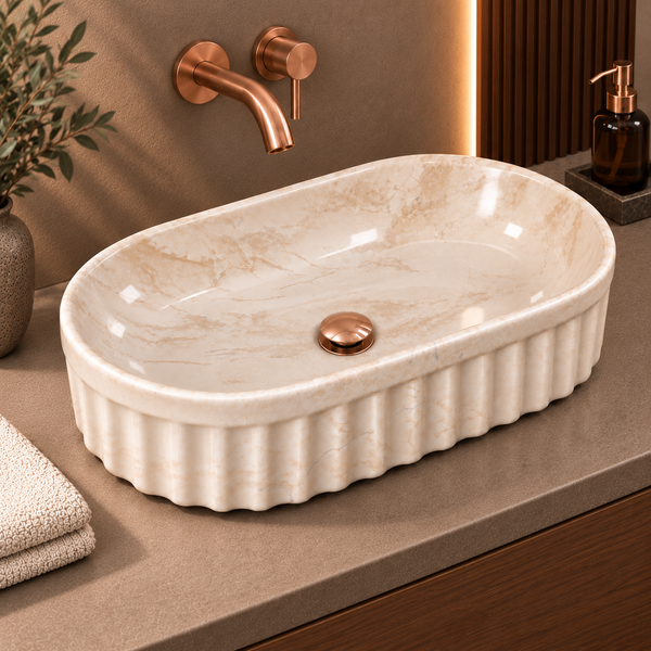 Beige Marble Ceramic Table Top Wash Basin – 22 × 14 × 6 Inch | Glossy Designer Countertop Basin