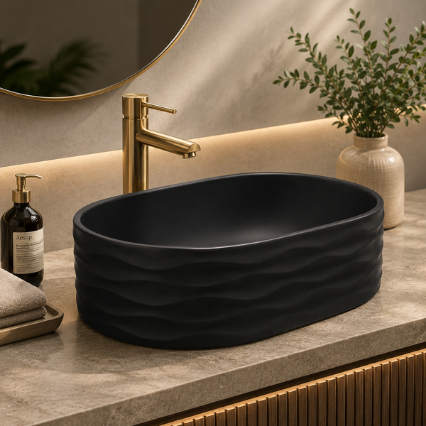 Premium Designer Ceramic Table Top Wash Basin, (20 x 12 x 6 In) Black