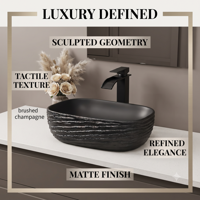 Black Ceramic Table Top Wash Basin – Matte Finish Rectangular Countertop Basin with Textured Wave Design for Luxury Bathrooms | 18x13x6 Inch
