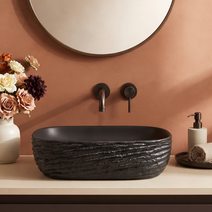 Black Ceramic Table Top Wash Basin – Matte Finish Rectangular Countertop Basin with Textured Wave Design for Luxury Bathrooms | 18x13x6 Inch
