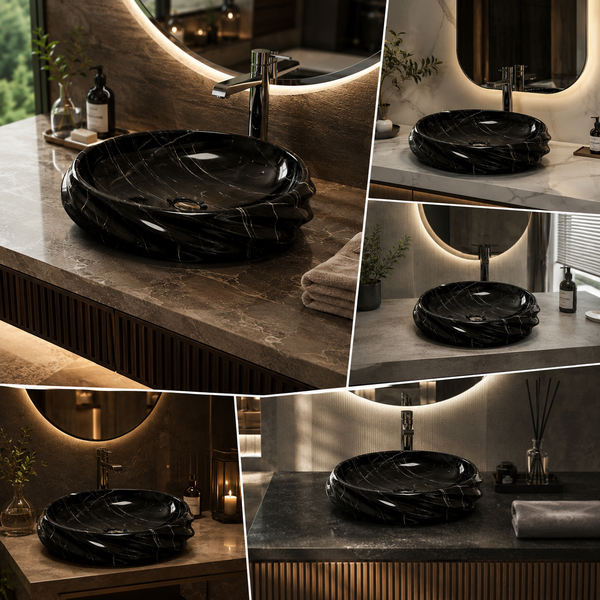 Black Glossy Ceramic Oval Countertop Wash Basin – (21" × 13" × 6" IN)