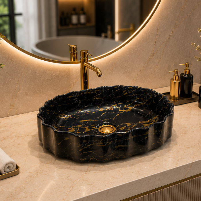 Black Gold Marble Design Ceramic Countertop Wash Basin 