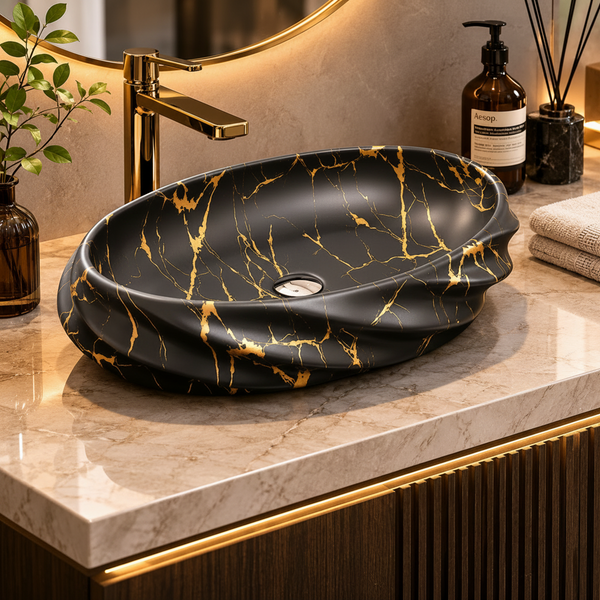 Black Gold Matte Ceramic Oval Countertop Wash Basin – (21" × 13" × 6" IN)