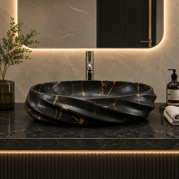 Black Gold Matte Ceramic Oval Countertop Wash Basin – (21" × 13" × 6" IN)