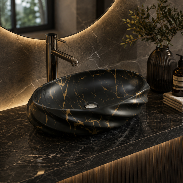 Black Gold Matte Ceramic Oval Countertop Wash Basin – (21" × 13" × 6" IN)