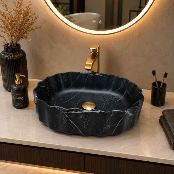 Black Marble Design Ceramic Countertop Wash Basin – Luxury Unique Shape Table Top Basin (20" x 15" x 5.5")