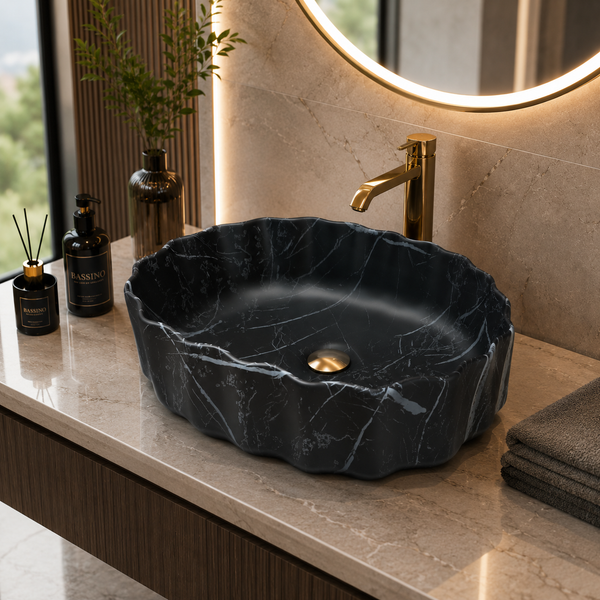 Black Marble Design Ceramic Countertop Wash Basin – Luxury Unique Shape Table Top Basin (20" x 15" x 5.5")